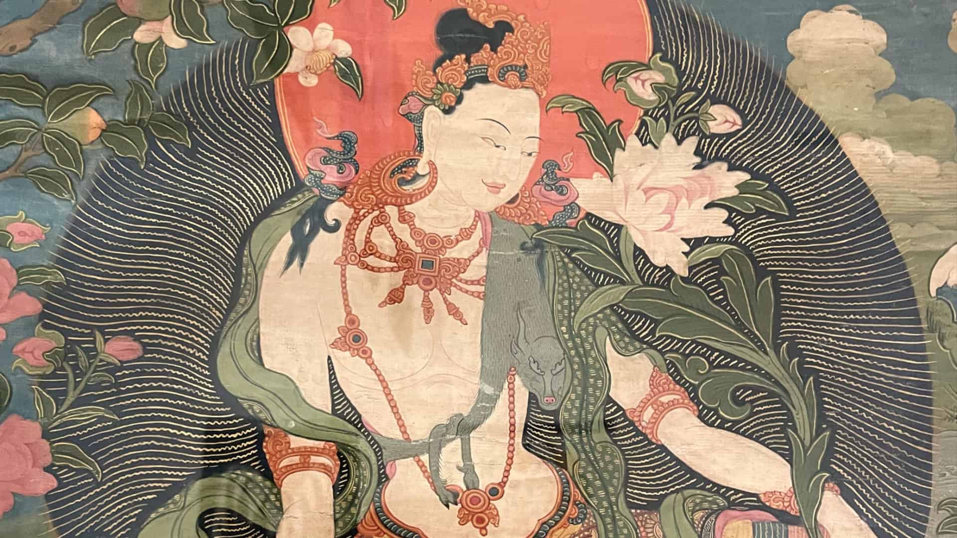 A 19th-century Thangka painting shows Chenrezik, a Buddhist embodiment of compassion, in 'Across Shared Waters.' Press photo courtesy of WCMA, taken by Kate Abbott