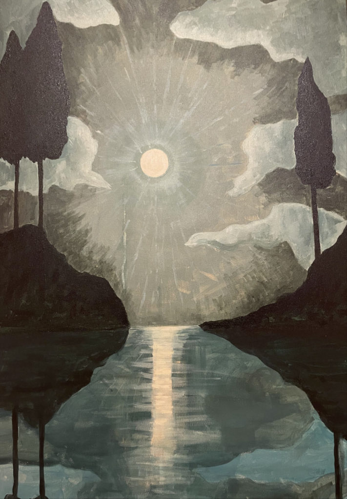 Moonloght touches deep green water in Marc Swanson's painting in Marc Swanson explores loss for humans and the natural world in A memorial to ice at the dead deer disco at Mass MoCA.