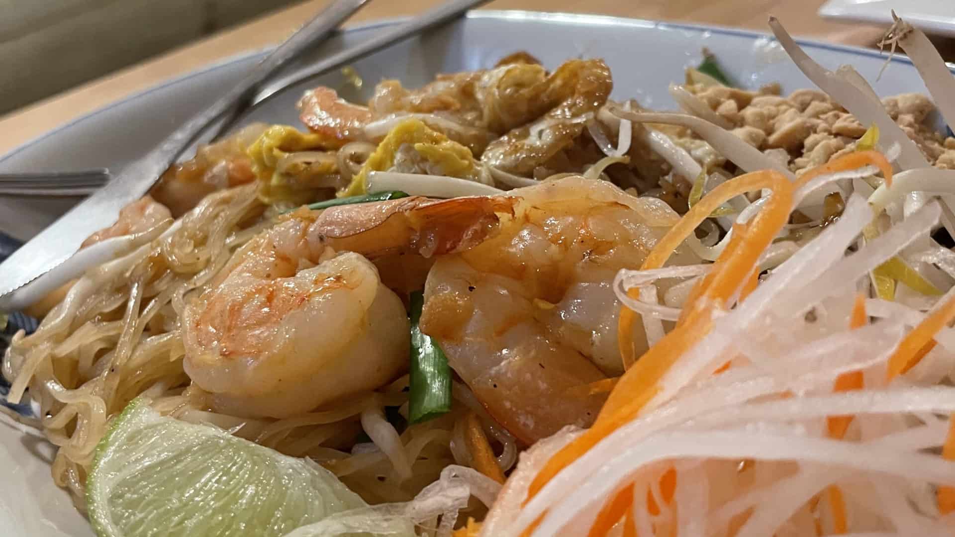Shrimp sit temptingly on pad thai at Steam noodle cafe in Great Barrington.