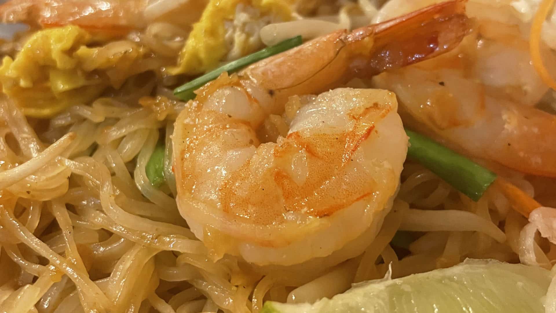 Shrimp sit temptingly on pad thai at Steam noodle cafe in Great Barrington.
