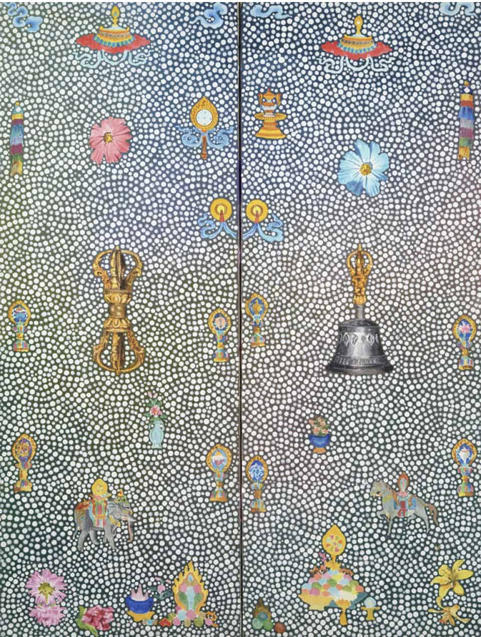 Australian patterns and Tibetan ritual elements combine in Dorje and Dilbu, by Karma Phuntsok. Press image courtesy of WCMA and Shelley and Donald Rubin Private Collection.