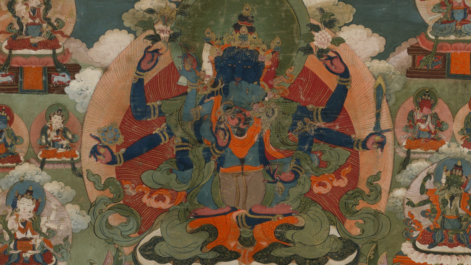A closeup image shows the Buddha in a traditional Tibetan Thangka at the Williams College Museum of Art. Press photo courtesy of WCMA from the Jack Shear Collection
