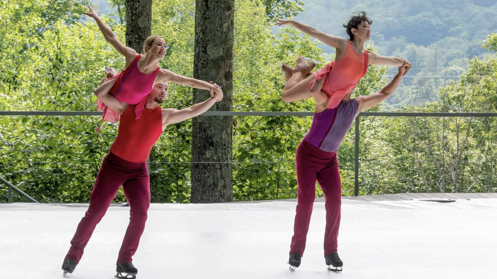 Liz Schmidt, Alper Ucar, Matej Silecky, and Sinead Kerr of Ice Dance International perform on the outdoor stage at Jacobs Pillow.
