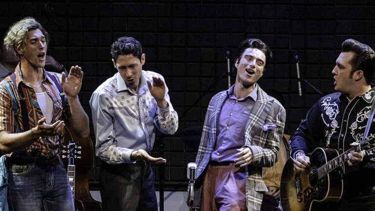 Billy Rude, Colin Summers, Alessandro Gian Viviano and Bill Scott Sheets sing together in in the Million Dollar Quartet. Press photo courtesy of Berkshire Theatre Group