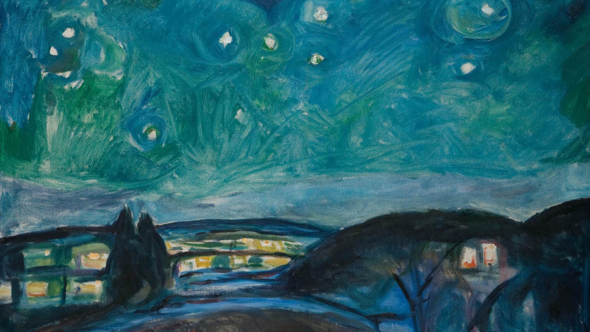 Points of light show in a blue-green sky over dark hills in Edvard Munch's Starry Night, 1922–24. Munchmuseet. Artists Rights Society , New York. Press photo courtesy of the Clark Art Institute.