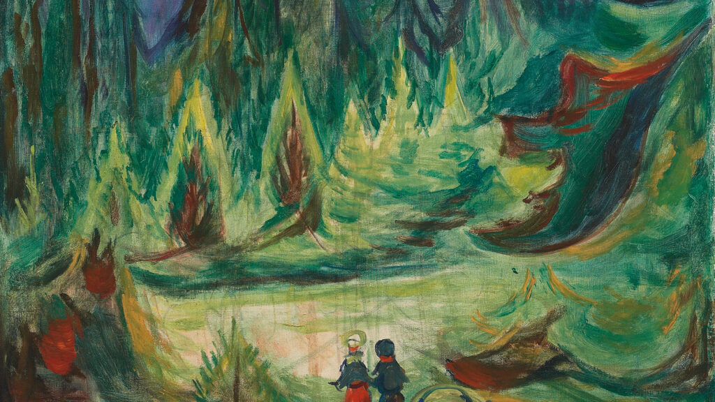 Two small figures walk among tall fir trees in Edvard Munch, The Fairytale Forest. Artists Rights Society (ARS), New York