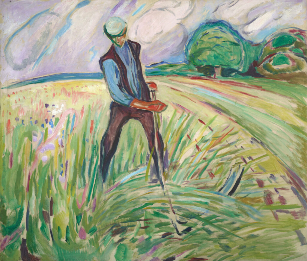 A man with a scythe mows grass in a vividly sunlit field in Edvard Munch The Haymaker. Artists Rights Society (ARS), New York.