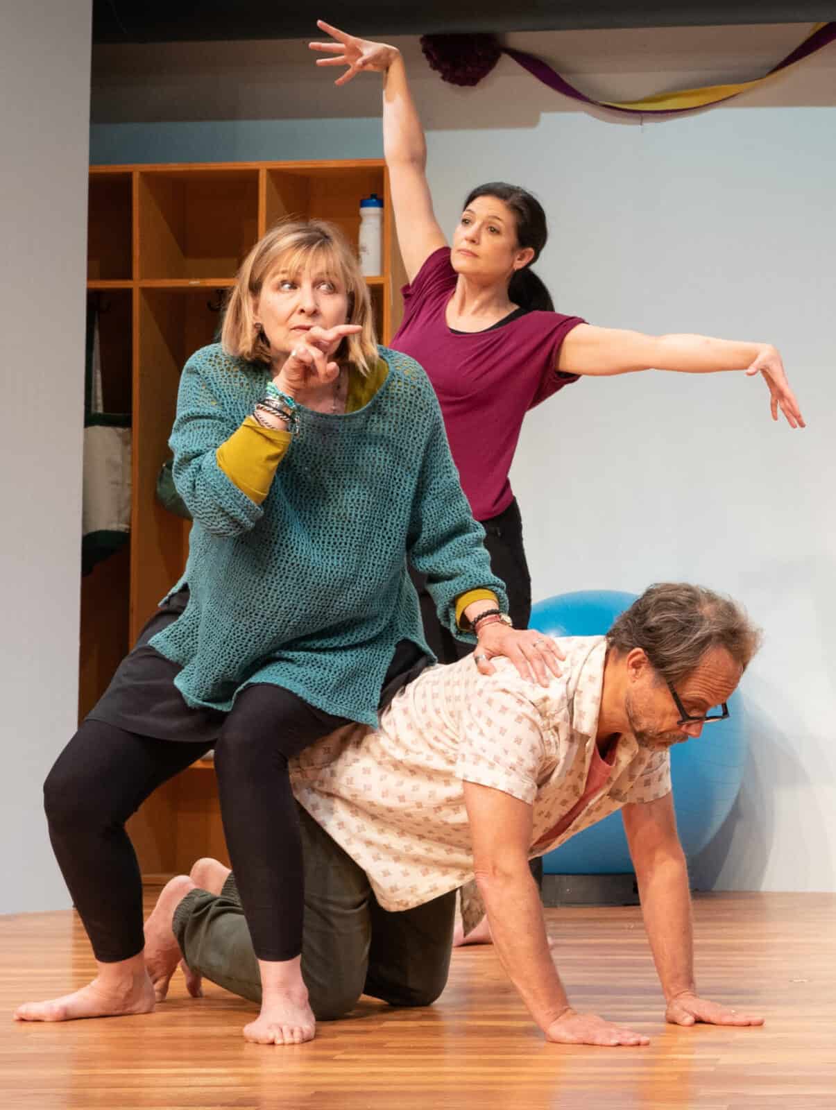Tara Franklin as Theresa, Corrina May as Marty and Alex Draper as James improvise in a community acting class in Annie Baker's 'Circle mirror transformation.' Press photo courtesy of Chester Theatre.