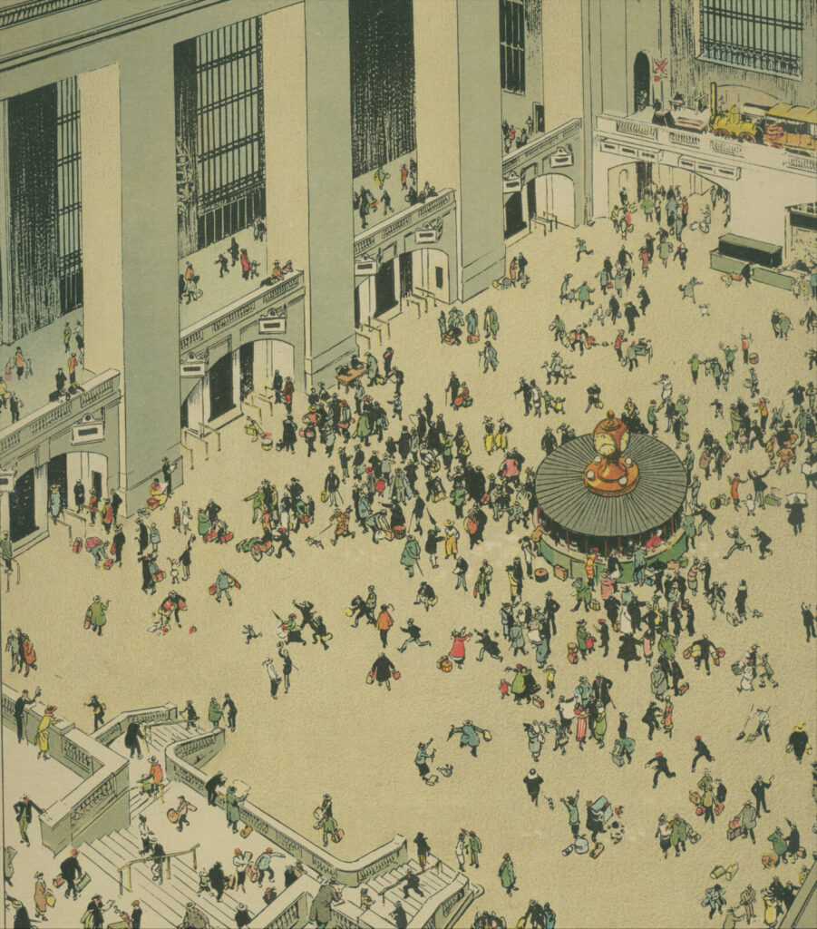 People fill Grand Central Station, seen from high up near the ceiling, in Tony Sarg's illustration. Press photo courtesy of the Norman Rockwell Museum