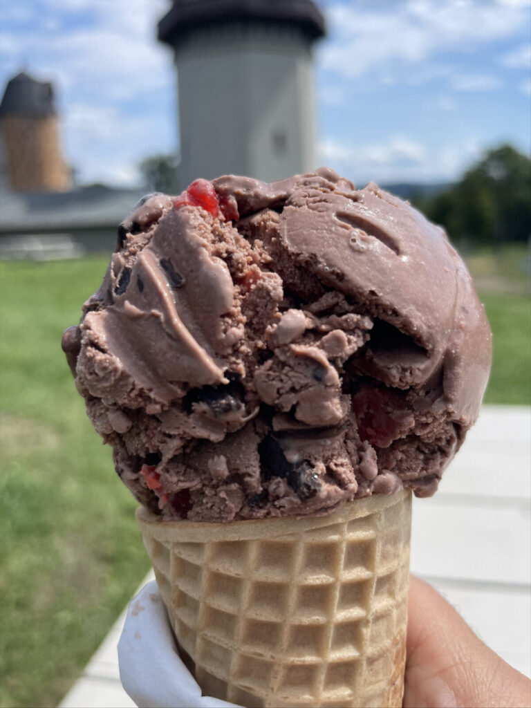 High Lawn Farm serves chocolate cherry ice cream made from their own cream.