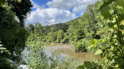 The Hoosic river runs high on a sunny afternoon at the Spruces in Williamstown.