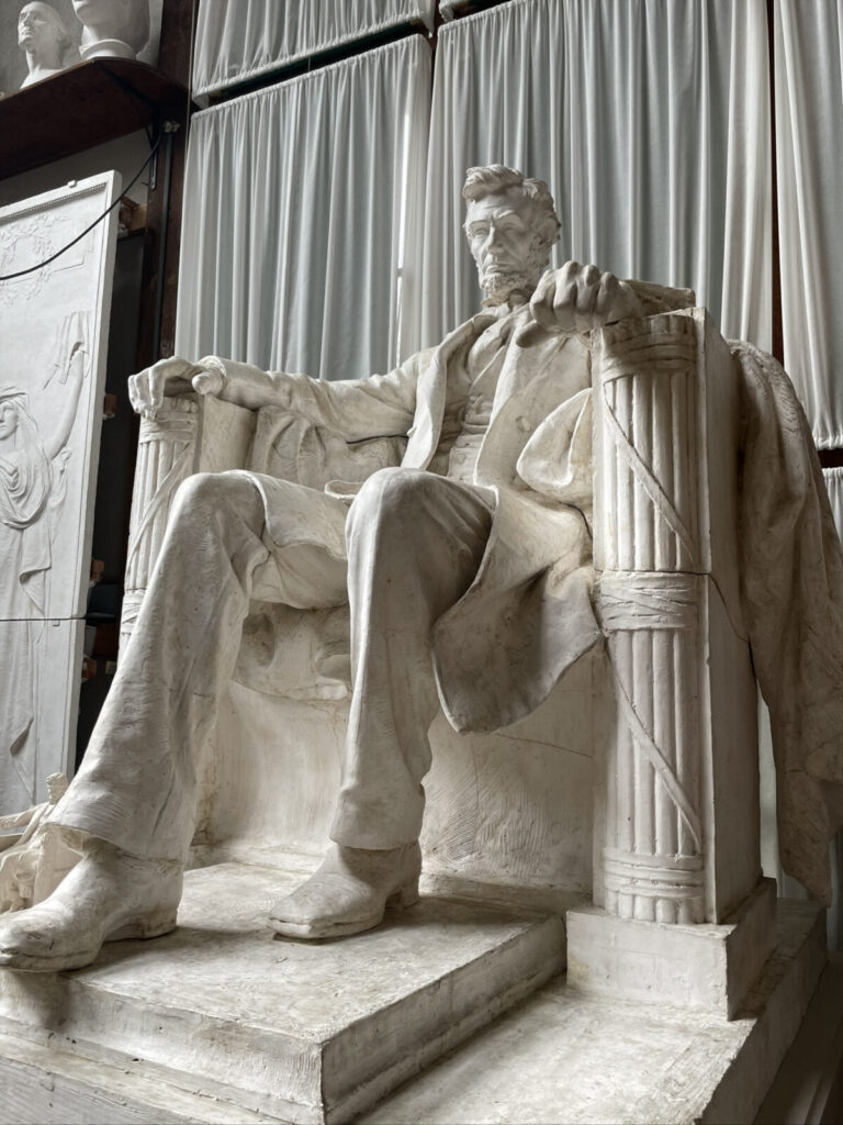 A scaled-down marble sculpture of the seated Lincoln that Daniel Chester French created for the Lincoln Memorial sits in Daniel Chester French's historic studio at Chesterwood.