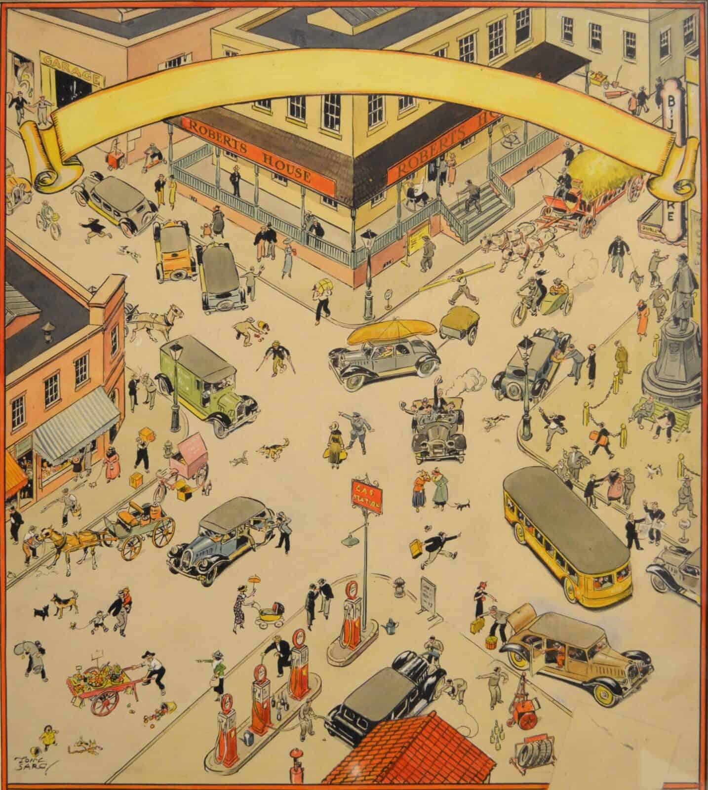 An intersection fills with traffic of all kinds in Tony Sarg's illustration of early 20th-century New York.