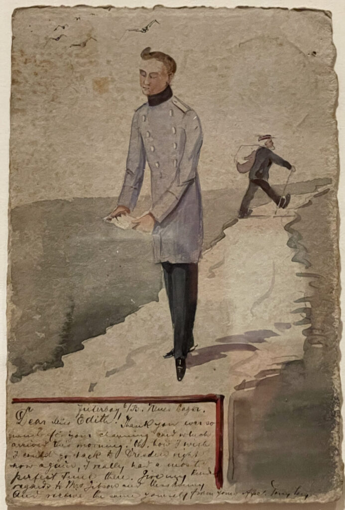 A young man in the wool coat of a German army officer walks in the countryside in Tony Sarg's watercolor. Press photo courtesy of the Norman Rockwell Museum