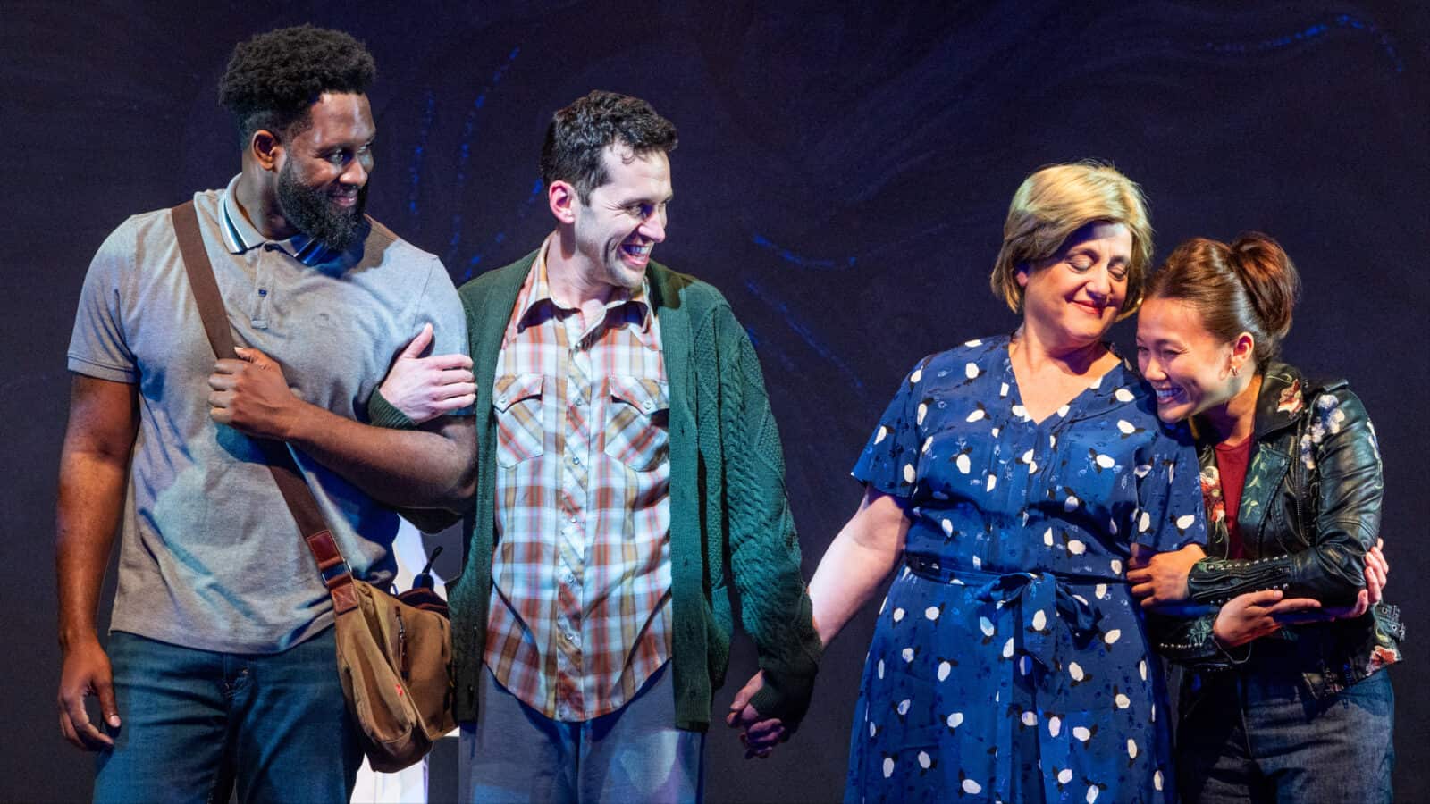 Darrell Purcell, Jr. and Adam Chanler-Berat, Mary Testa and Dorcas Leung laugh together in A New Brain. Press photo courtesy of Barrington Stage Company