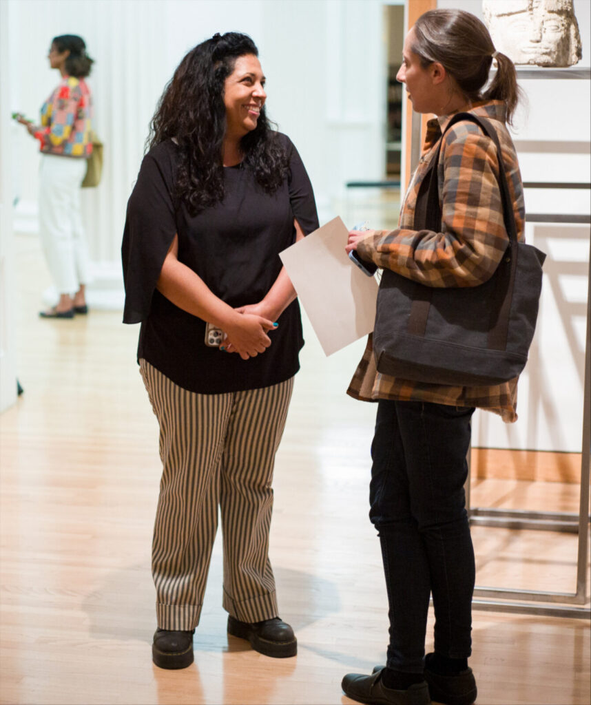 Los Angeles artist Beatriz Cortez talks with a student on a tour of Cortez' work in Portals at Williams College. Press photo courtesy of Wiliams College