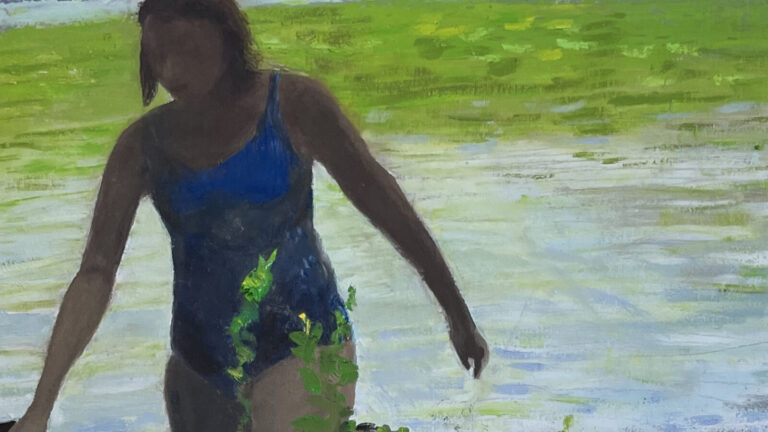 A swimmer wades out on a rainy summer day in Joan Hanley's painting in Reflecting Ecologies at MCLA Gallery 51.