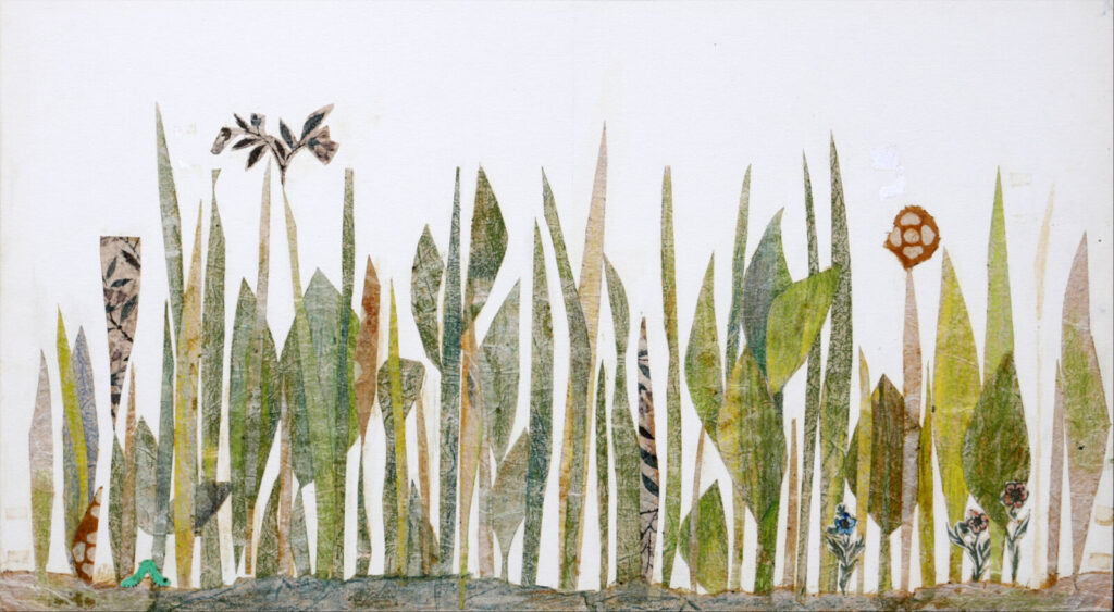 An inchworm travels through tall grass in Leo Lionni's Inch by Inch. Press image courtesy of theNorman Rockwell Museum