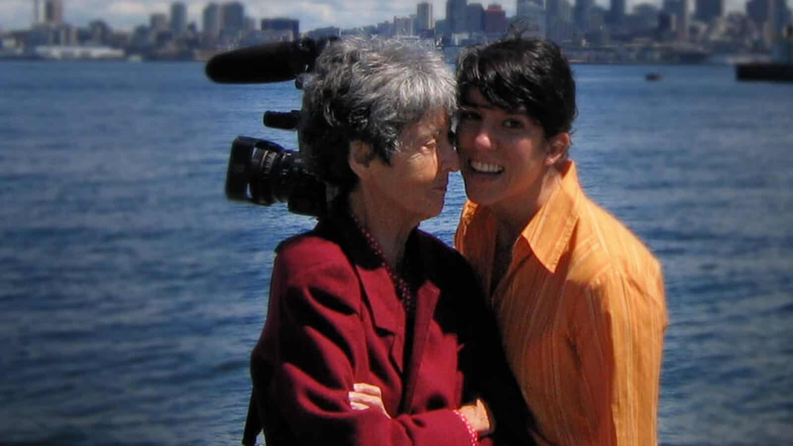 Maria Irene Fornes and filmmaker Michelle Memran laugh together by the sea with a view of Seattle in 2005. Photo courtesy of Michelle Memran and The Rest I Make Up