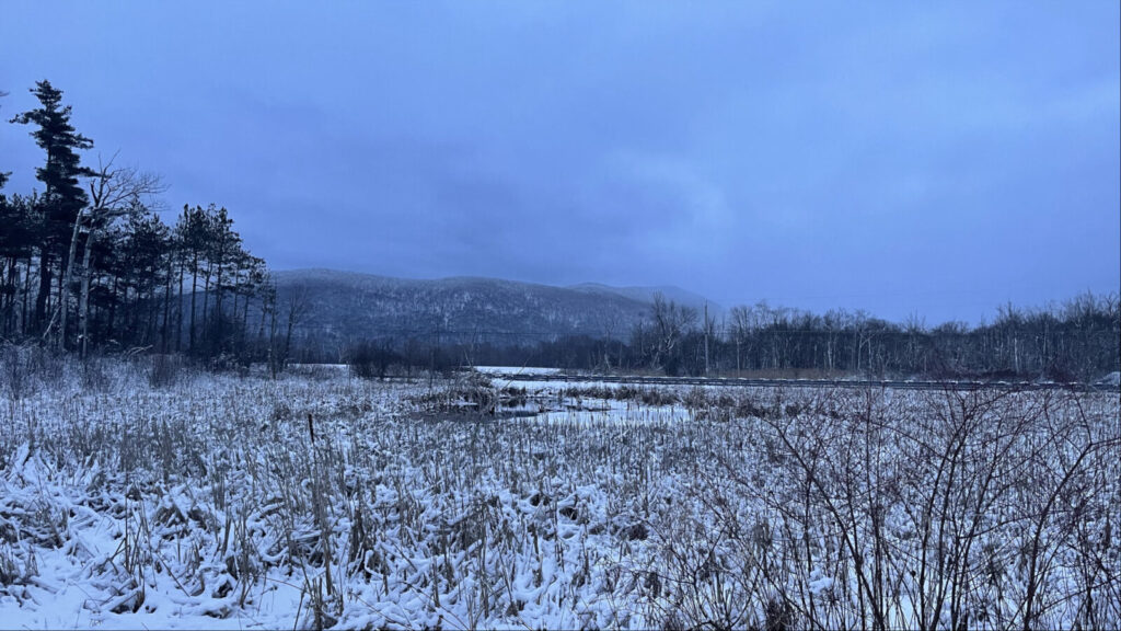 Mist touches the hills on the horizon across the snowy pond at Field Farm in Williamstown.