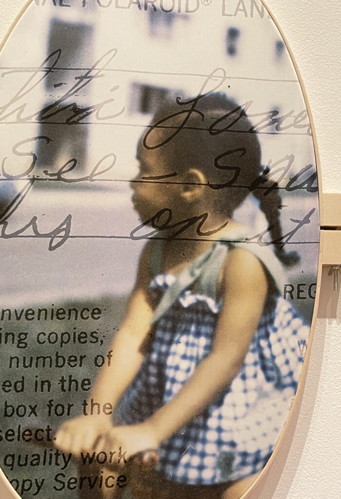 Letitia Huckaby honors the Greenwood communities of Mississippi and Oklahoma in See Saw / Haskell Place, cotton pigment prints set in embroidery hoops like two sides of a locket. Press image courtesy of WCMA and the artist