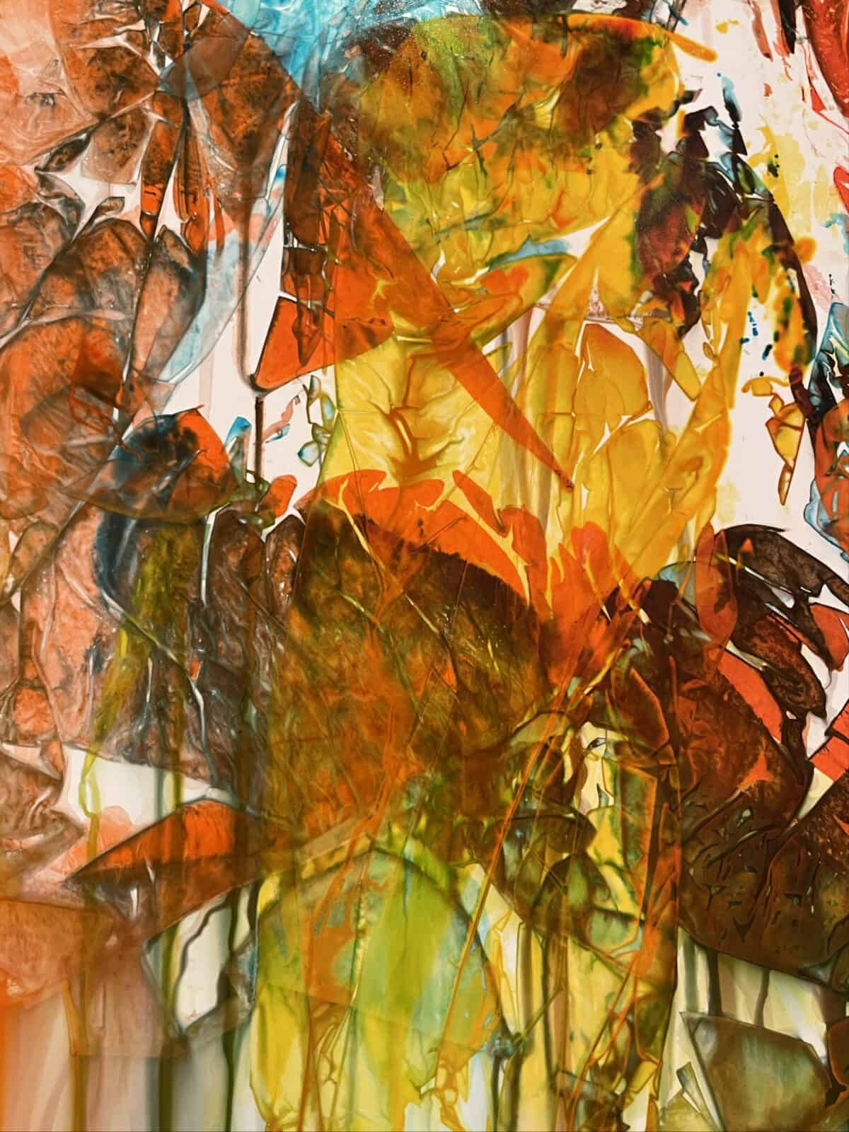 Vivid abstract color spills like butterfly wings in Maya Freelon's tissue ink monoprint, Interjection. Press image courtesy of WCMA and the artist