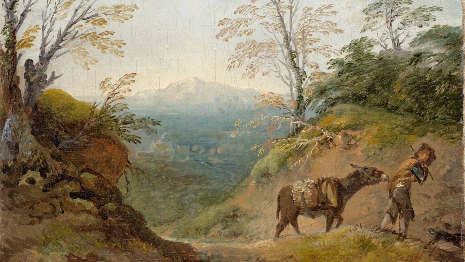 Thomas Gainsborough, Wooded Landscape with a Boy Leading a Donkey and Dog, and an Extensive Panorama with Buildings and Distant Hills, early 1760s, oil on canvas.