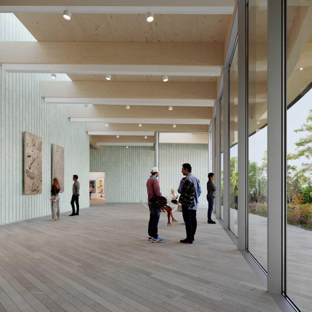 A rendering from Brooklyn architectural firm SO-IL imagines the new Williams College Museum of Art as people meet in a sunlit space on the edge of indoors and outside. Press photo courtesy of WCMA