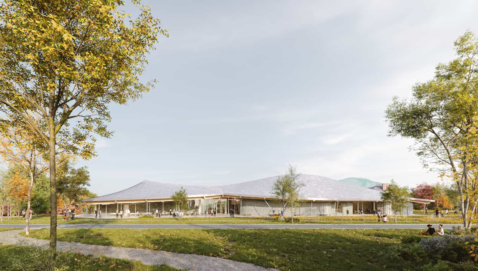 A rendering from Brooklyn architectural firm SO-IL imagines the new Williams College Museum of Art — which has not yet been built — as it can look from the south with a view across the meadow. Press photo courtesy of WCMA