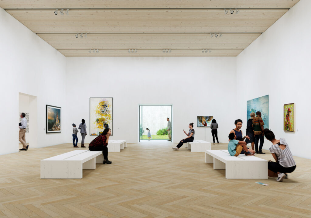 A rendering from Brooklyn architectural firm SO-IL imagines the new Williams College Museum of Art — which has not yet been built — with sunlight illuminating a gallery of bright paintings. Press photo courtesy of WCMA