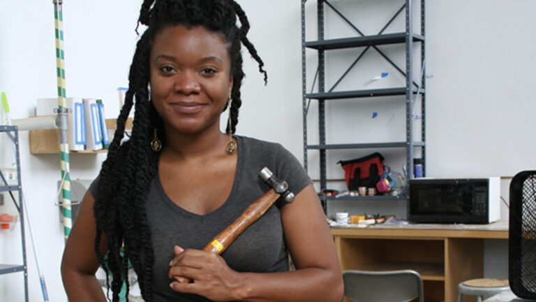 Douriean Fletcher, specialty jeweler and metal artist and specialty jeweler costumer for Marvel’s Black Panther film, creates new work as a James Weldon Johnson artist fellow at Bard College at Simon's Rock. Press photo courtesy of the college
