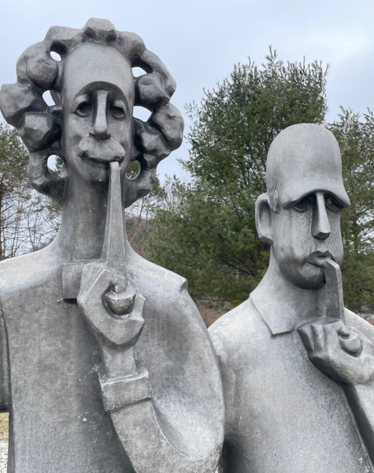 Vladimir Lemport's Albert Einstein and Niels Bohr share a pipe on a raw afternoon at Turn Park.