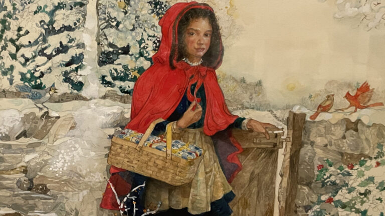 Little Red Riding Hood sets out into the wood in Caldecott medal-winning artist Jerry Pinkney's retelling of the fairy tale. Press image courtesy of the Norman Rockwell Museum