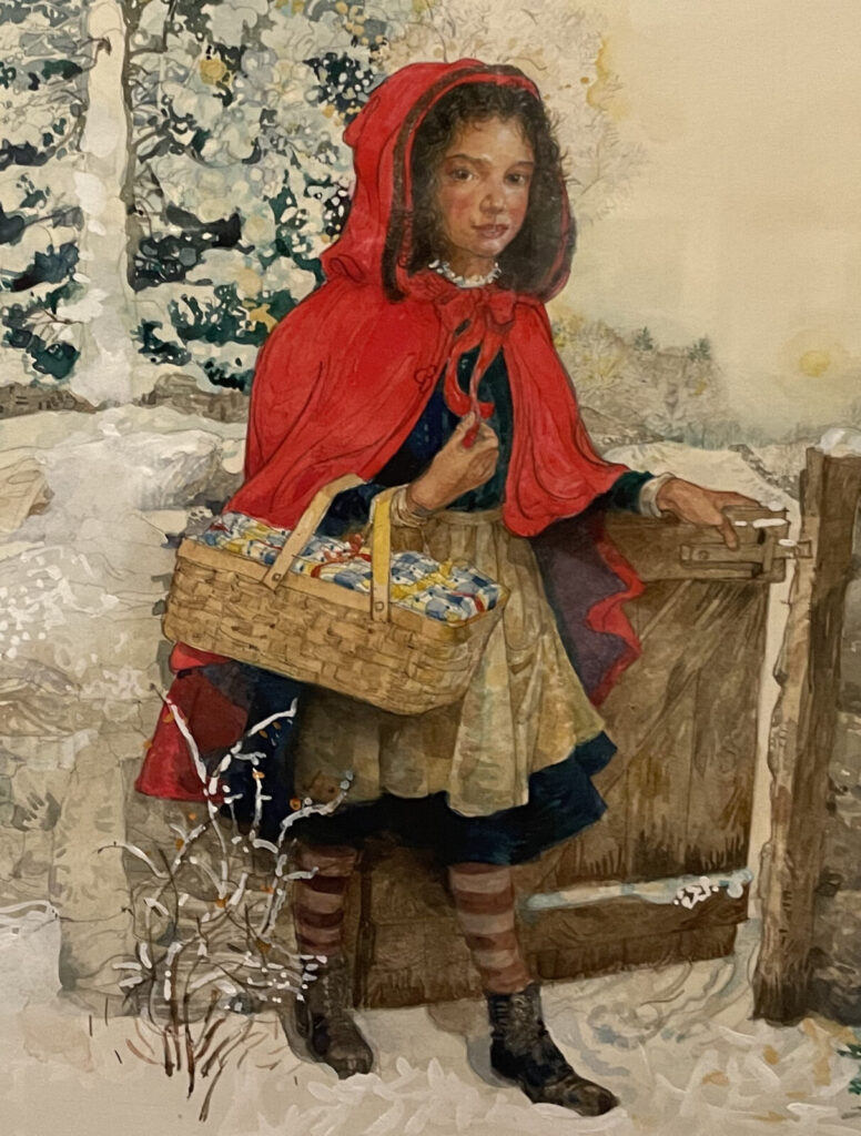 Little Red Riding Hood sets out into the wood in Caldecott medal-winning artist Jerry Pinkney's retelling of the fairy tale. Press image courtesy of the Norman Rockwell Museum