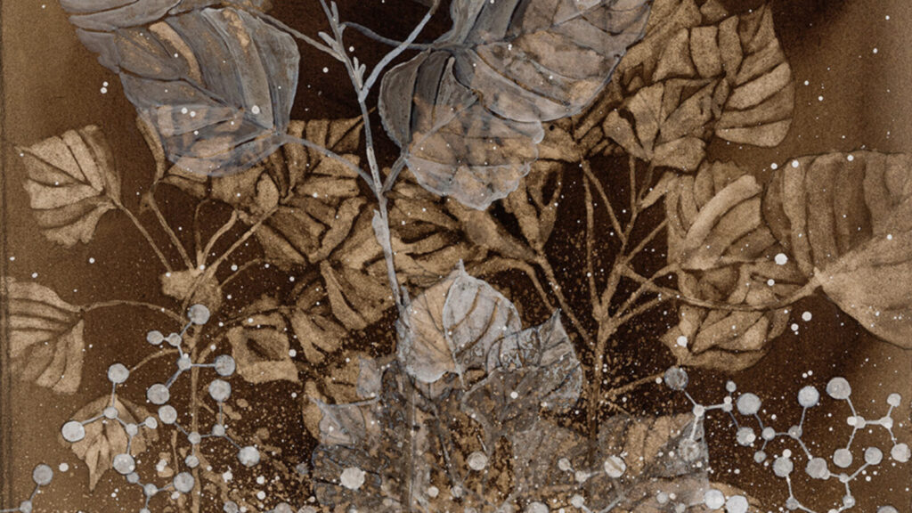 Poplar leaves cleanse the earth of toxic molecules in Ellen Driscoll's painting in black walnut and sumi ink. Press image courtesy of the artist