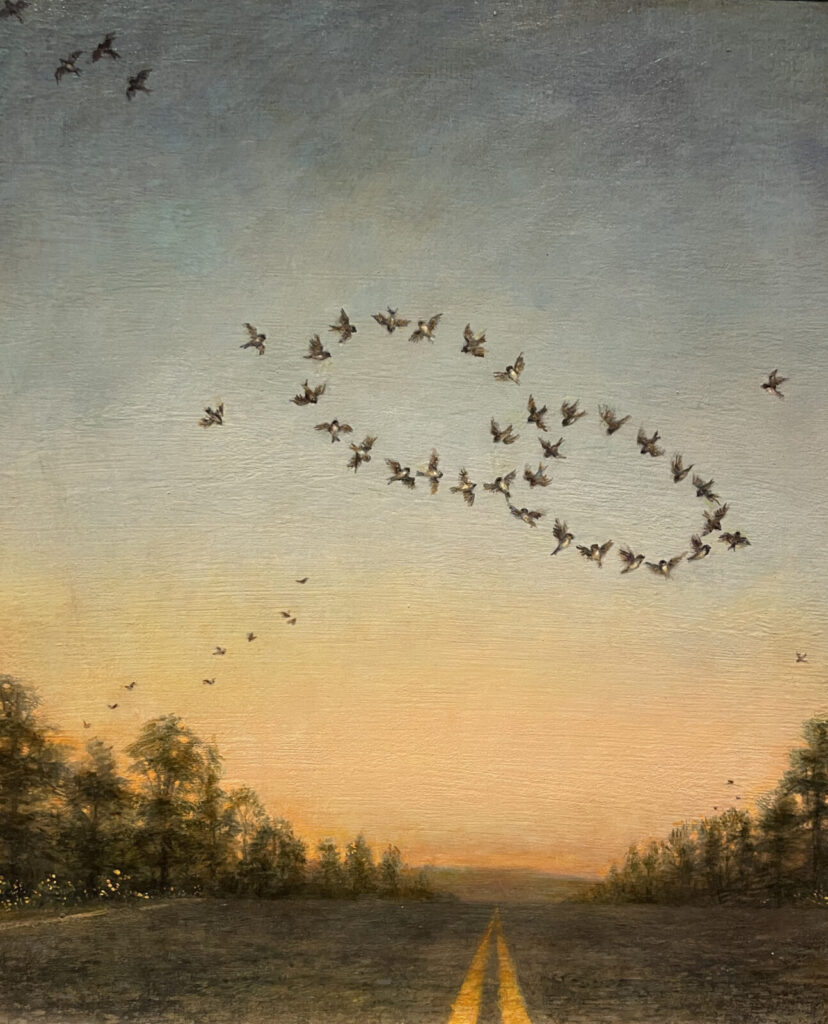 Swallows fly in loops in a sunset sky in Thomas Woodruff's cover image for Anne Tyler's novel, Breathing Lessons. Press image courtesy of the Norman Rockwell Museum