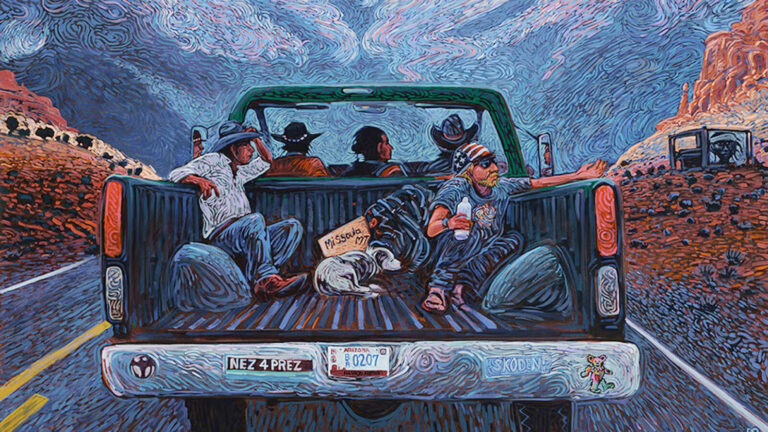 Friends ride in a pickup in the canyons at night in Shonto Begay's Navajo Blue Highway. Press image courtesy of the Norman Rockwell Museum
