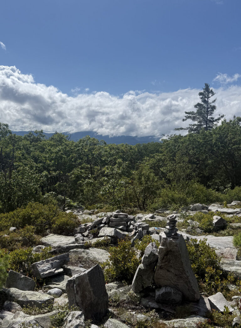 Cairns of stones mark the summit along the Appalachian and '98 trails near Pine Cobble.