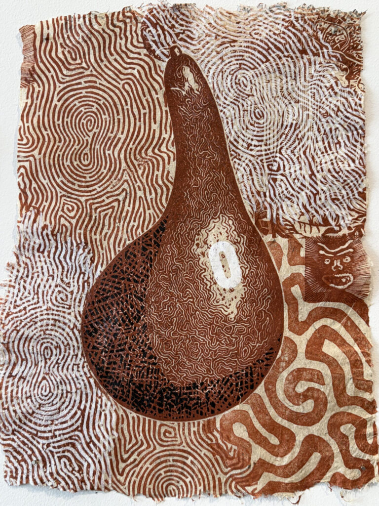A gourd glimmers in sunlight in a print by Gloria Calderon-Saenz on handmade paper by Alicia Canary. Press photo by Kate Abbott, courtesy of the artists